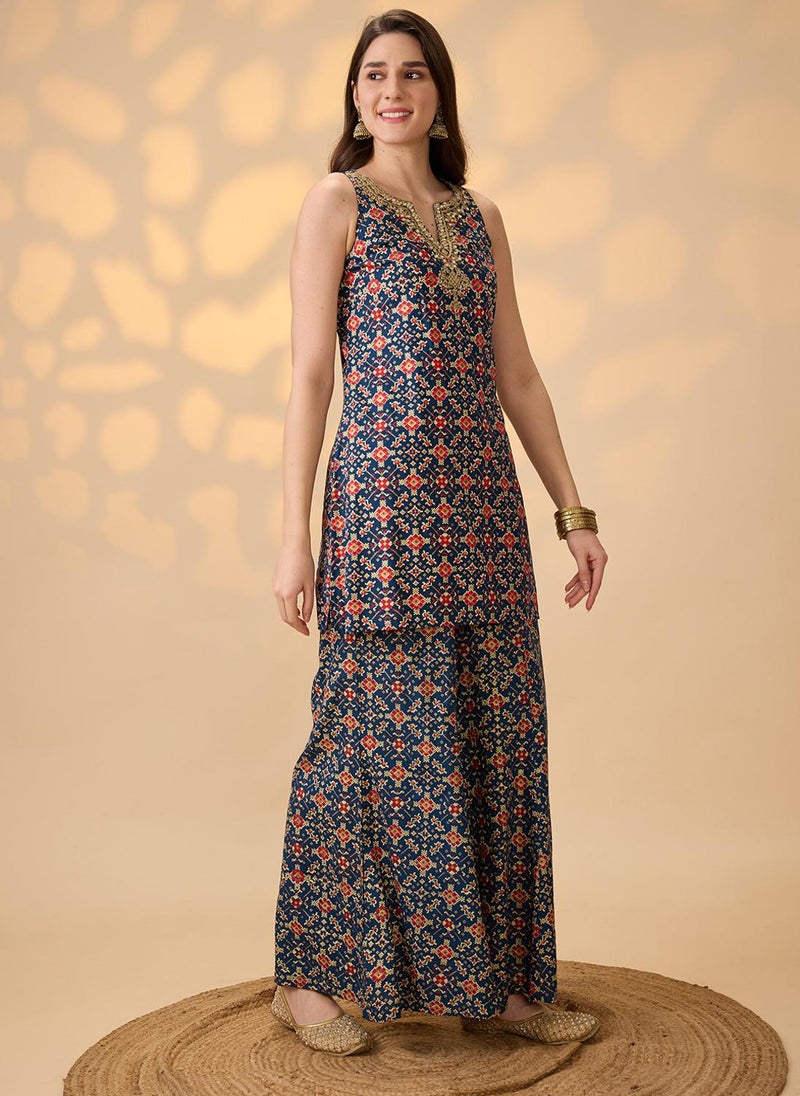 Globus Women Navy Blue Embroidered & Mirror Work Yoke Ethnic Print Kurti With Palazzos Festive Co-Ord Set - Image 3